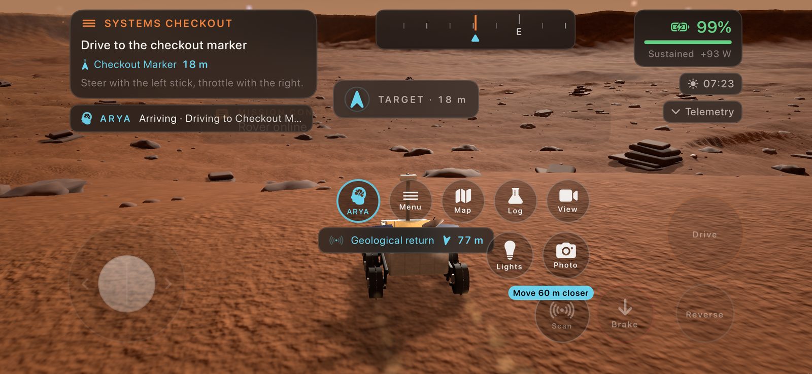ARESYN gameplay showing the rover, mission HUD and objective compass
