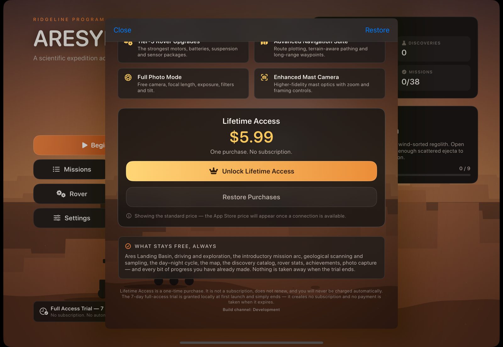 The Lifetime Access screen showing the one-time price and included features