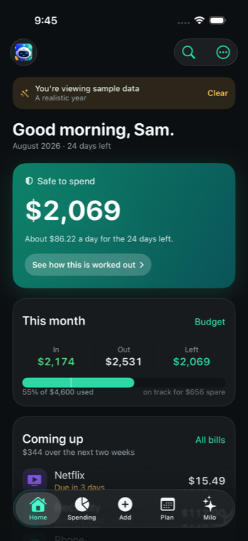 MoneyCue in dark mode