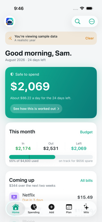 The MoneyCue home screen showing Safe to Spend