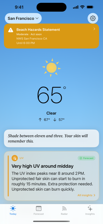 The Today screen showing current conditions, an official alert and a Nimbus AI insight