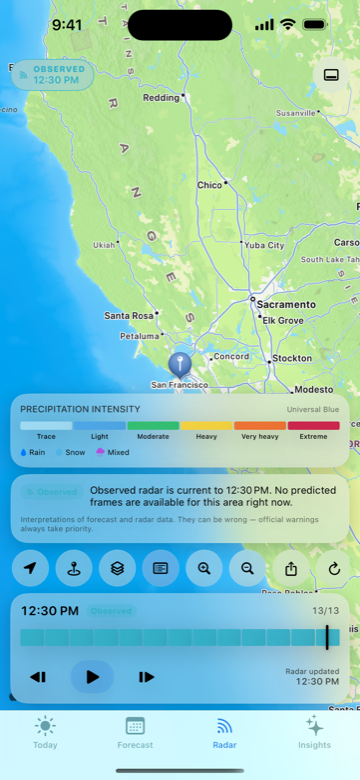 The full-screen animated radar with its intensity legend and timeline