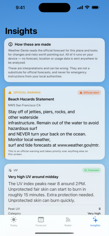 The Insights screen listing official warnings and labelled Nimbus AI insights